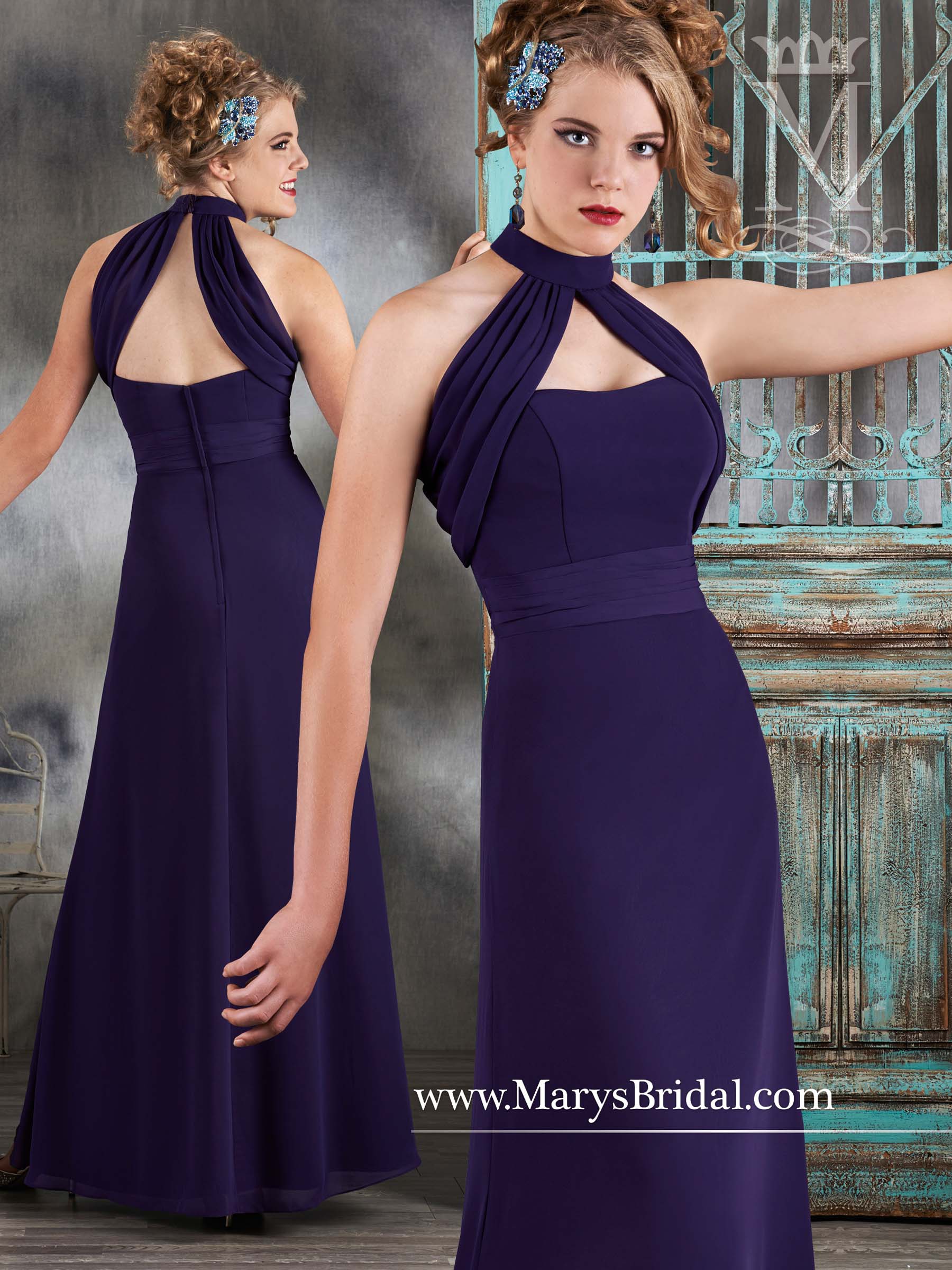 Chiffon A-line bridesmaid gown featuring high neck with detachable neckline to make the gown strapless, ruched waist, and back zipper.

Color: Shown in Indigo. Available in 49 colors.
Sizes: 2-30
Fabric: Chiffon