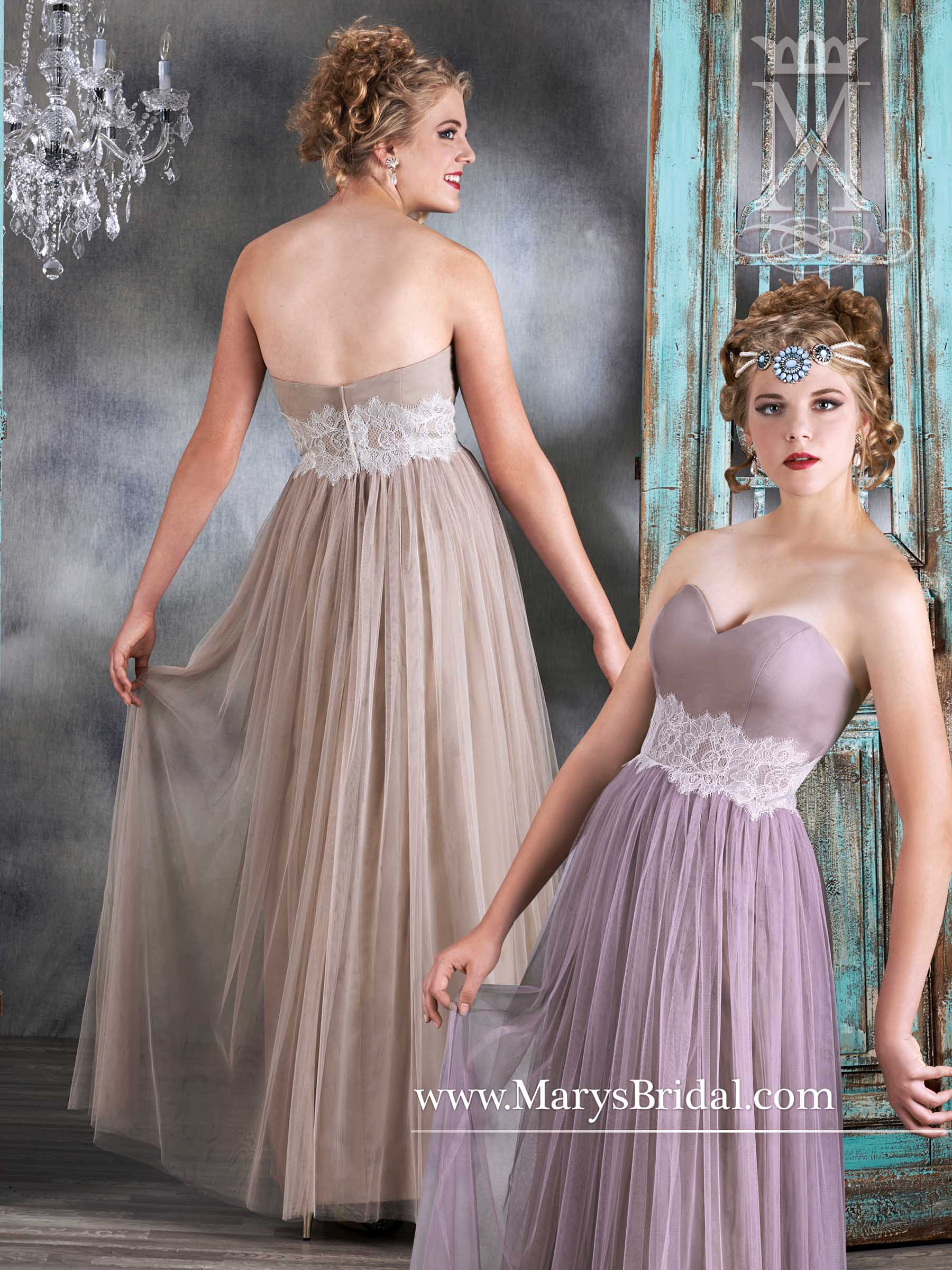 A-line netting and lace bridesmaid gown with a strapless sweetheart neckline, gathered skirt, lace waistline, and back zipper.

Color: Shown in Lavender and Mocha. Available in 49 colors.
Sizes: 2-30
Fabric: Netting, Lace